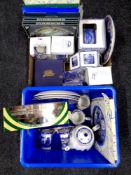 A crate and a box of boxed and un-boxed Ringtons china including wall plates, mugs,