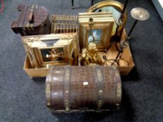 Two boxes containing contemporary gilt framed prints, pair of metal candle holders,