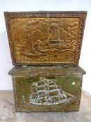 An antique brass embossed slipper box and magazine rack depicting ships