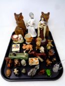 A tray containing assorted ceramic and resin animal ornaments, glass bird,