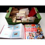 A large box containing cigarette cards to include Kensitas silk flowers, post cards,