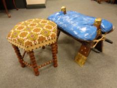 A camel stool together with an octagonal tapestry upholstered stool on beech legs