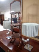 An inlaid mahogany folding cake stand together with a pair of contemporary table lamps with shades