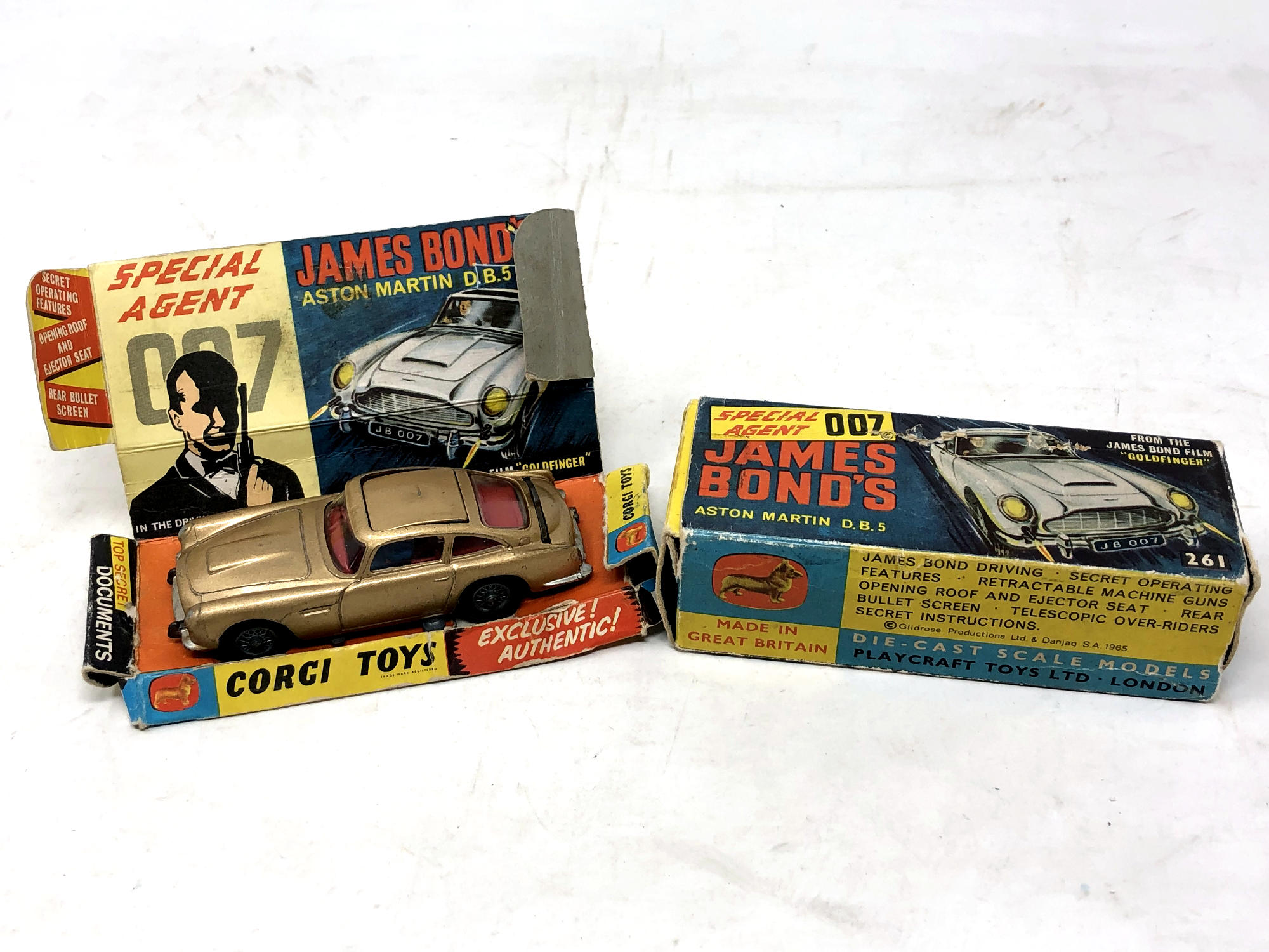 Vintage 1965 James Bond DB5 Corgi model car with original box, plinth,