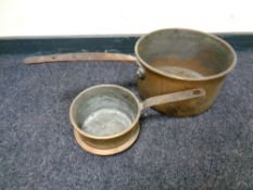 An antique copper cast iron handled saucepan, length 59 cm,