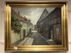 L Johansen : A cobbled street, oil on canvas,