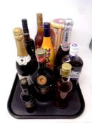 A tray containing eleven assorted bottles of alcohol to include Gordon's Slow Gin, Lindisfarne Mead,