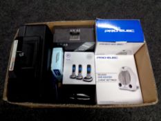 A box containing miscellaneous to include a sentry safe with key, Akai headphones, BT telephones,