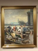 Continental school : Figures on a fish quay, oil on canvas,