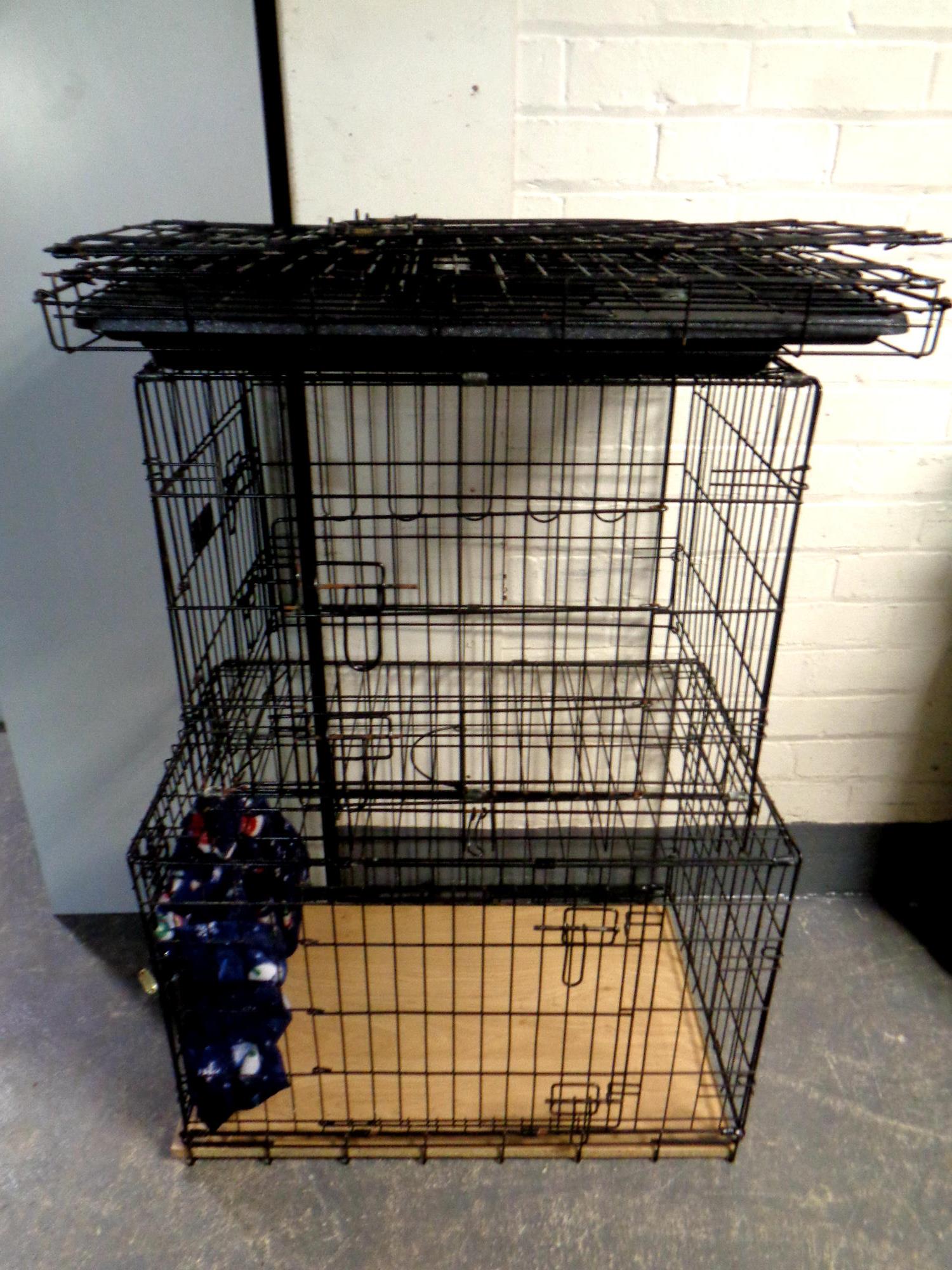 Three folding metal dog cages