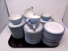 A tray containing a large quantity of Denby Colonial Blue tea ware