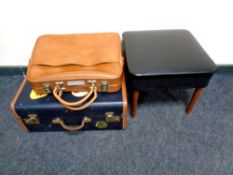 A mid 20th century black vinyl upholstered storage stool on teak legs together with two vintage