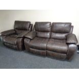 A two seater settee with matching electric armchair upholstered in a brown leather-like fabric