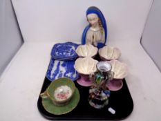 A tray containing assorted ceramics to include Maling willow pattern sandwich and tea plates,