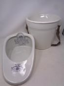 An ironstone slipper bed pan together with a slop pail