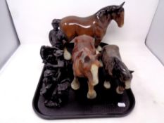 A tray containing three china shire horses together with three coal figures of coal miners