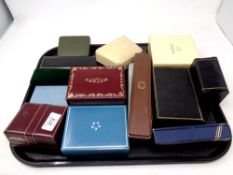 A collection of vintage and other watch boxes including Omega