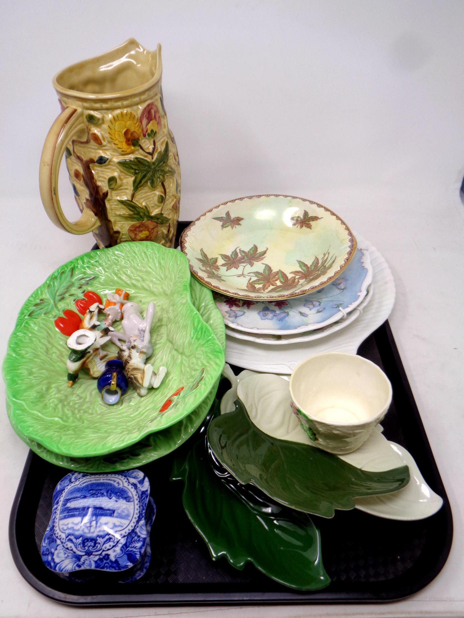 A tray containing assorted ceramics to include china dolly tops, Carlton ware dishes, Maling dish,