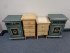 A pair of painted bedside cabinets fitted a drawer together with a narrow stripped pine four drawer