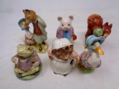 Six Beswick Beatrix Potter figures to include Miss Tiggy Winkle, Jemima Puddleduck,