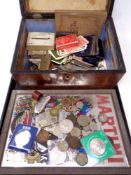 A tray containing a 19th century marquetry box containing assorted keys, playing cards,
