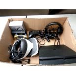 A box containing Sony Play Station 4 with controllers, Sony VR headset,