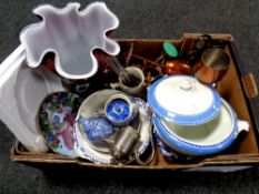 A box containing miscellaneous to include antique blue and white tureens, assorted metal ware,