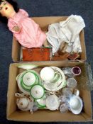 Two boxes containing assorted ceramics and glassware, table linen, gloves, scarves, vintage doll,