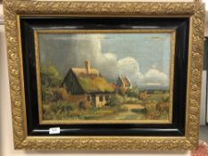 Continental school : Thatched cottage in farmland, oil on canvas,