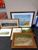 Six assorted pictures to include framed Van Gogh print, unframed oil on canvas of a pond,