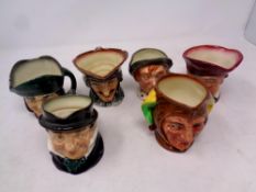 Six small Royal Doulton character jugs to include The Jester, Dick Turpin,