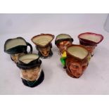 Six small Royal Doulton character jugs to include The Jester, Dick Turpin,