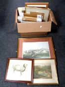 A box containing assorted pictures to include framed photographs, colour etching,