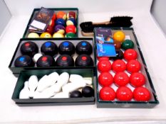 A tray containing Aramith snooker and pool balls, Townsend Limited carpet balls and mini skittles,