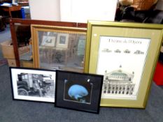 A gilt framed mirror together with a further pair of mirrors, a gilt framed opera poster,