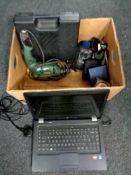 A box containing miscellaneous to include power tools, HP laptop with lead, wristwatches,