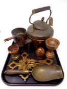 A tray containing assorted metalware to include antique copper kettle and cast iron handled pot,