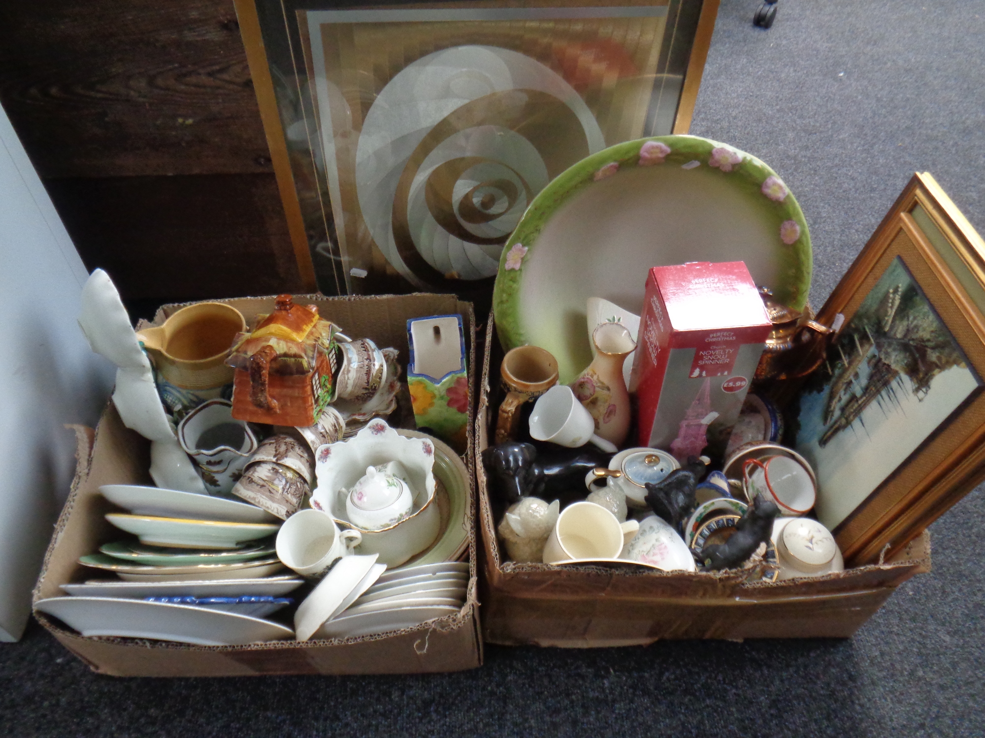 Two boxes containing a large quantity of miscellaneous ceramics, cottage ware, teapot, Aynsley ware,