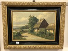Continental school : Study of a cottage by a lake, oil on canvas,