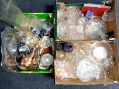 Three boxes containing a large quantity of assorted glassware, vintage bottles, metalware,