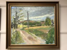 Continental school : A country track with buildings beyond, oil on canvas,