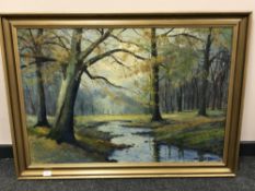 Holberg : oil on canvas depicting a stream running through woodland,