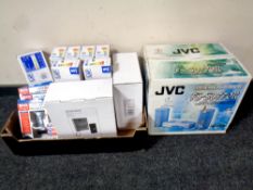 A JVC micro hifi, boxed, together with a further box containing Lap light bulbs,