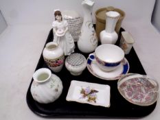 A tray containing assorted ceramics to include Royal Doulton figure, Birthday Girl,