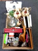 Two boxes containing miscellaneous to include pair of 19th century vases, cassette tapes,