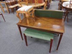 A folding card table together with a green dralon upholstered dressing table stool,