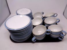 A tray containing twelve Denby Colonial Blue trios