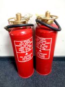 Two 20th century two imperial gallon fire extinguishers (as new)