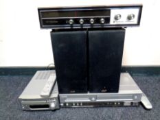 A box containing assorted electricals to include a Denon CD receiver, Philips DVD VCR,