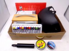 A box containing art supplies, together with an Art DVD box set, Pure Evoke DAB radio, two tins of .